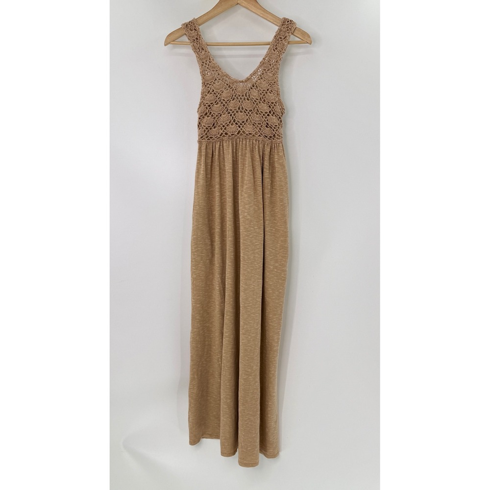 NWT Aerie Real Good Crochet Bodice Maxi Dress Tan Beige Sleeveless Pockets XS